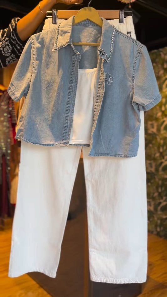 Crystal Embellished Denim Shirt & White Trouser Co-ord Set