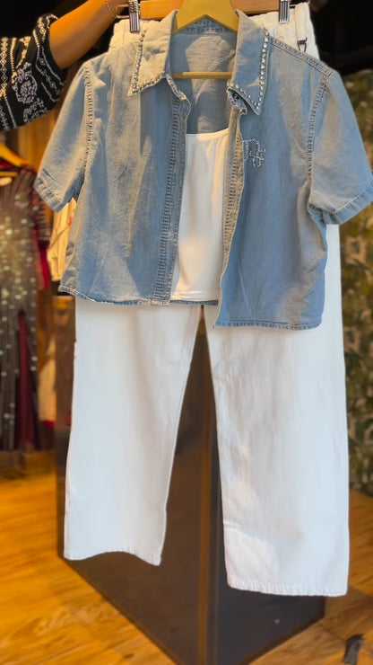 Crystal Embellished Denim Shirt & White Trouser Co-ord Set