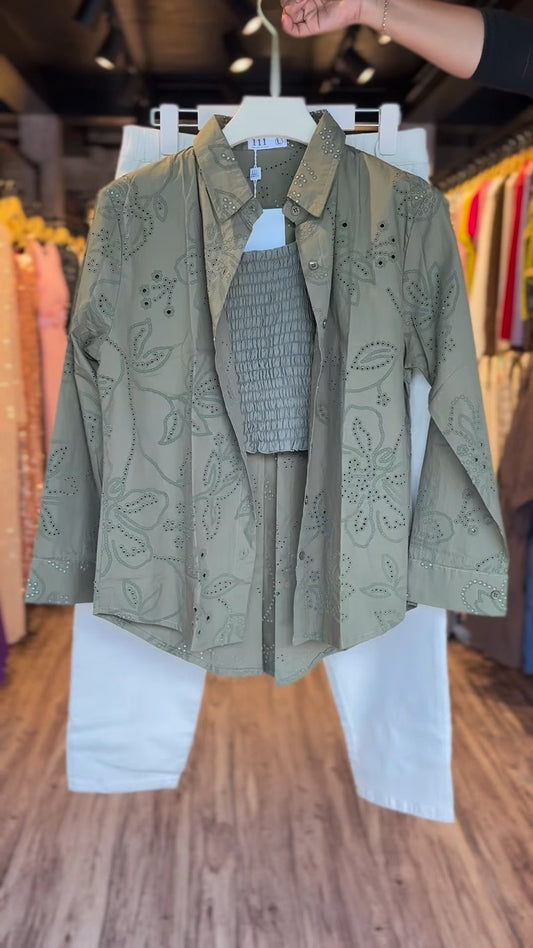 Sage Green Floral Eyelet Co-Ord Set with Cream Trousers – Available in Sage Green & Cream