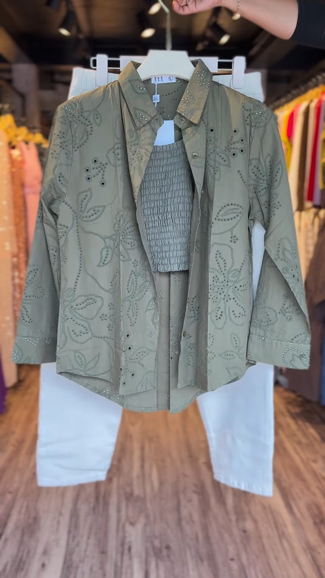 Sage Green Floral Eyelet Co-Ord Set with Cream Trousers – Available in Sage Green & Cream
