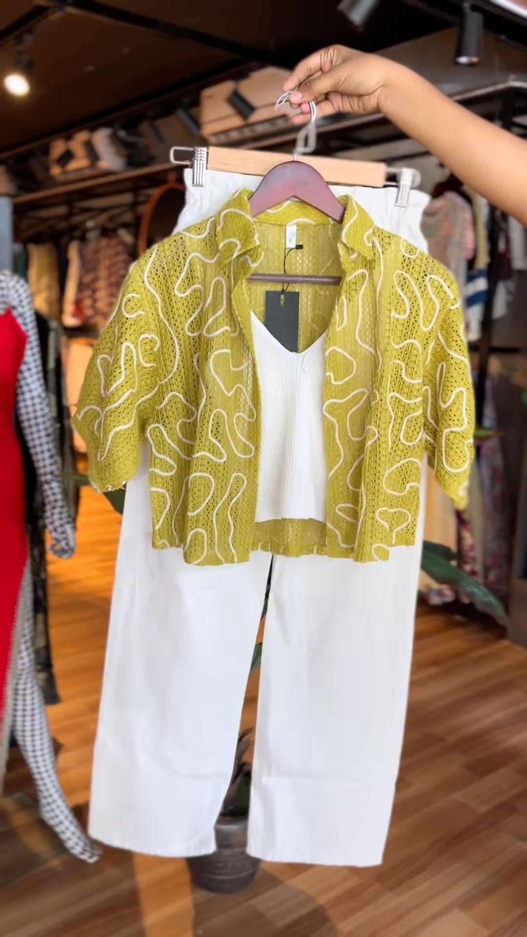 Olive Green Abstract Crochet Shrug & White Camisole Co-ord Set with Matching Trousers