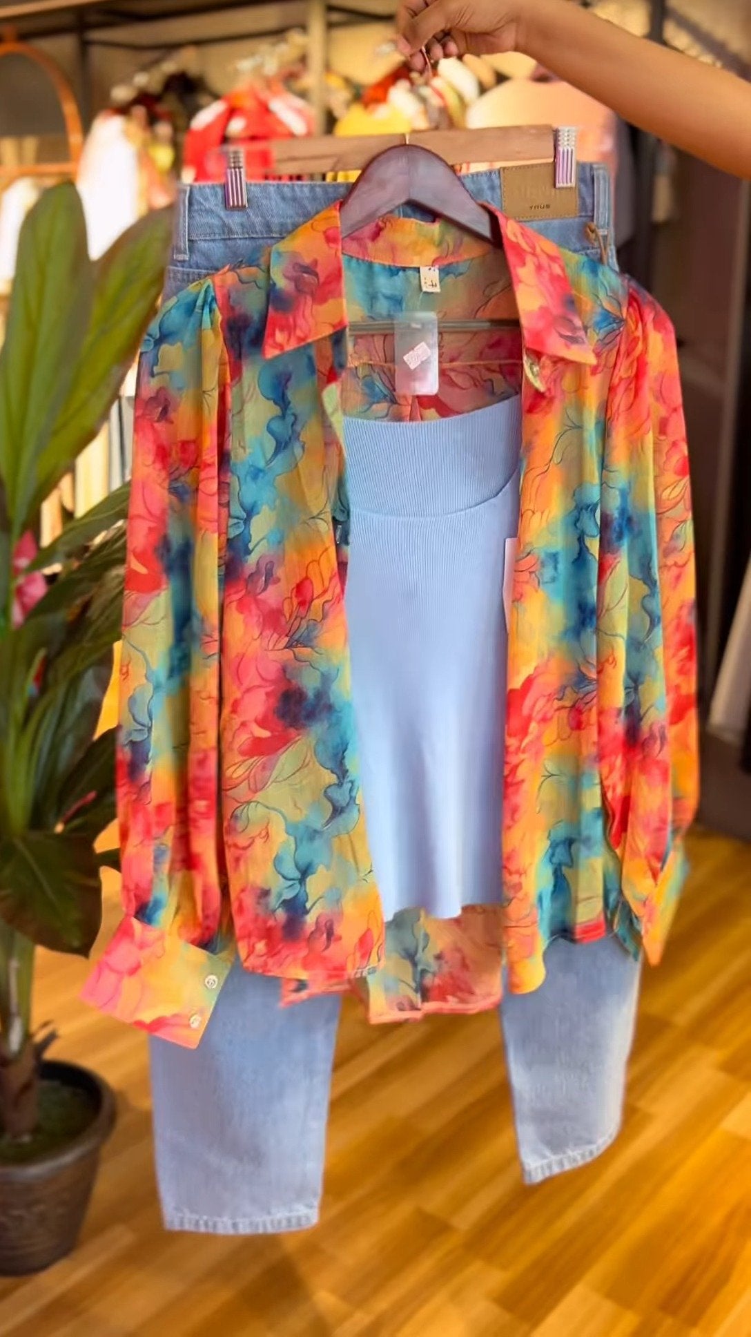 Vibrant Abstract Watercolor Print Shirt with Pastel Tank & Denim Set