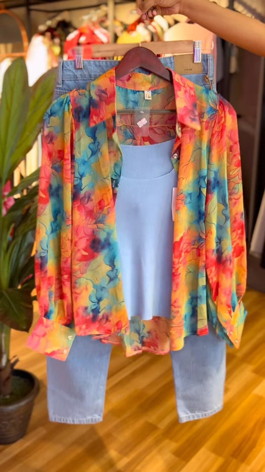 Vibrant Abstract Watercolor Print Shirt with Pastel Tank & Denim Set