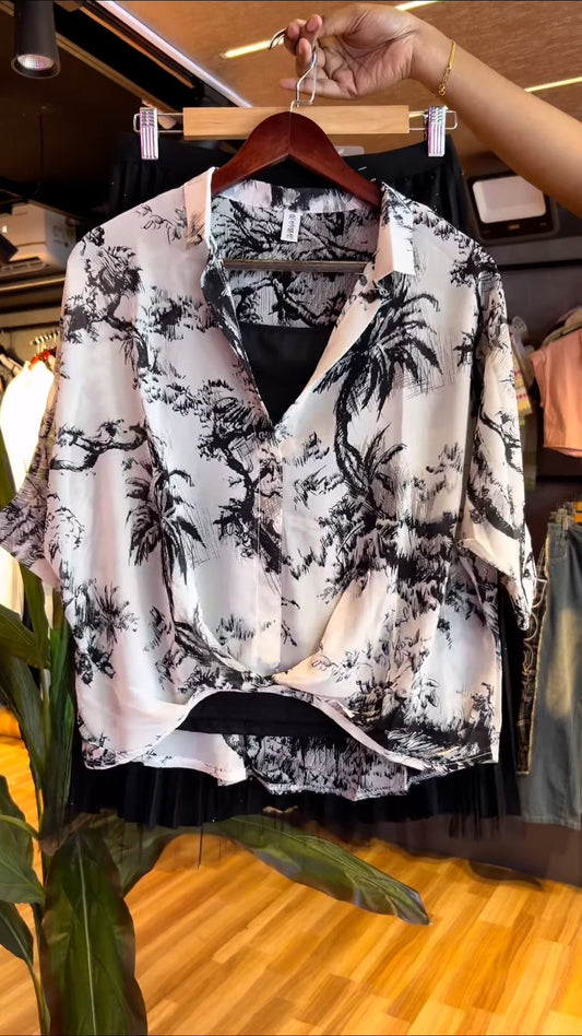 Monochrome Tropics Printed Shirt and Shimmer Pleated Midi Skirt Co-ord Set