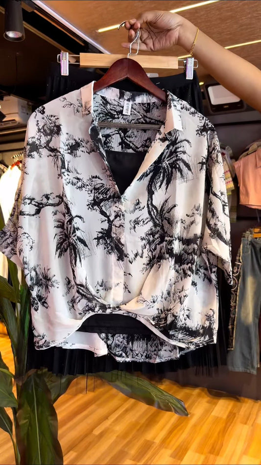 Monochrome Tropics Printed Shirt and Shimmer Pleated Midi Skirt Co-ord Set