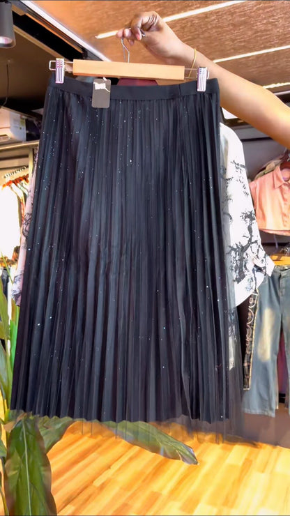Monochrome Tropics Printed Shirt and Shimmer Pleated Midi Skirt Co-ord Set