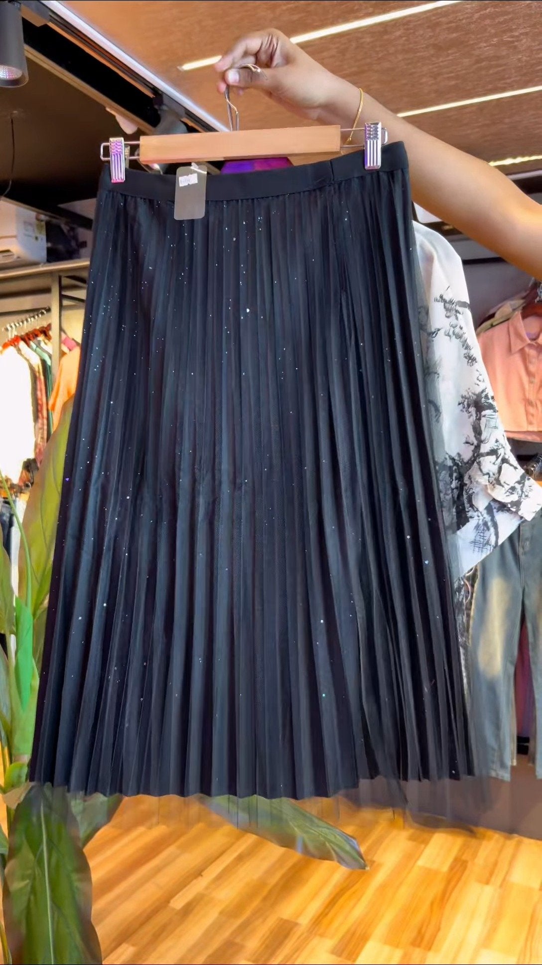 Monochrome Tropics Printed Shirt and Shimmer Pleated Midi Skirt Co-ord Set