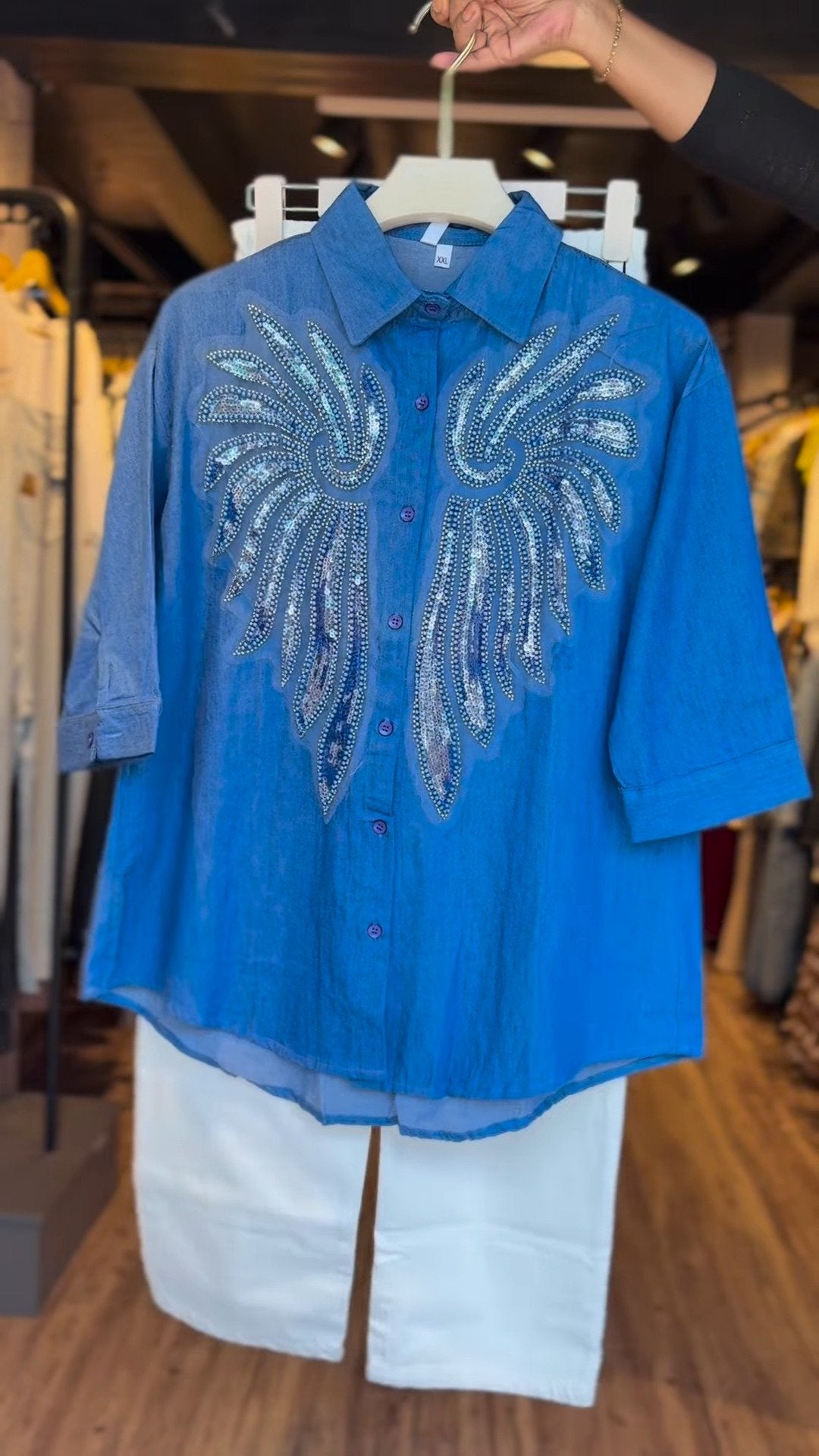 Contemporary Denim Shirt with Intricate Angel Wing Sequins – Available in Blue Shirt & White Trousers