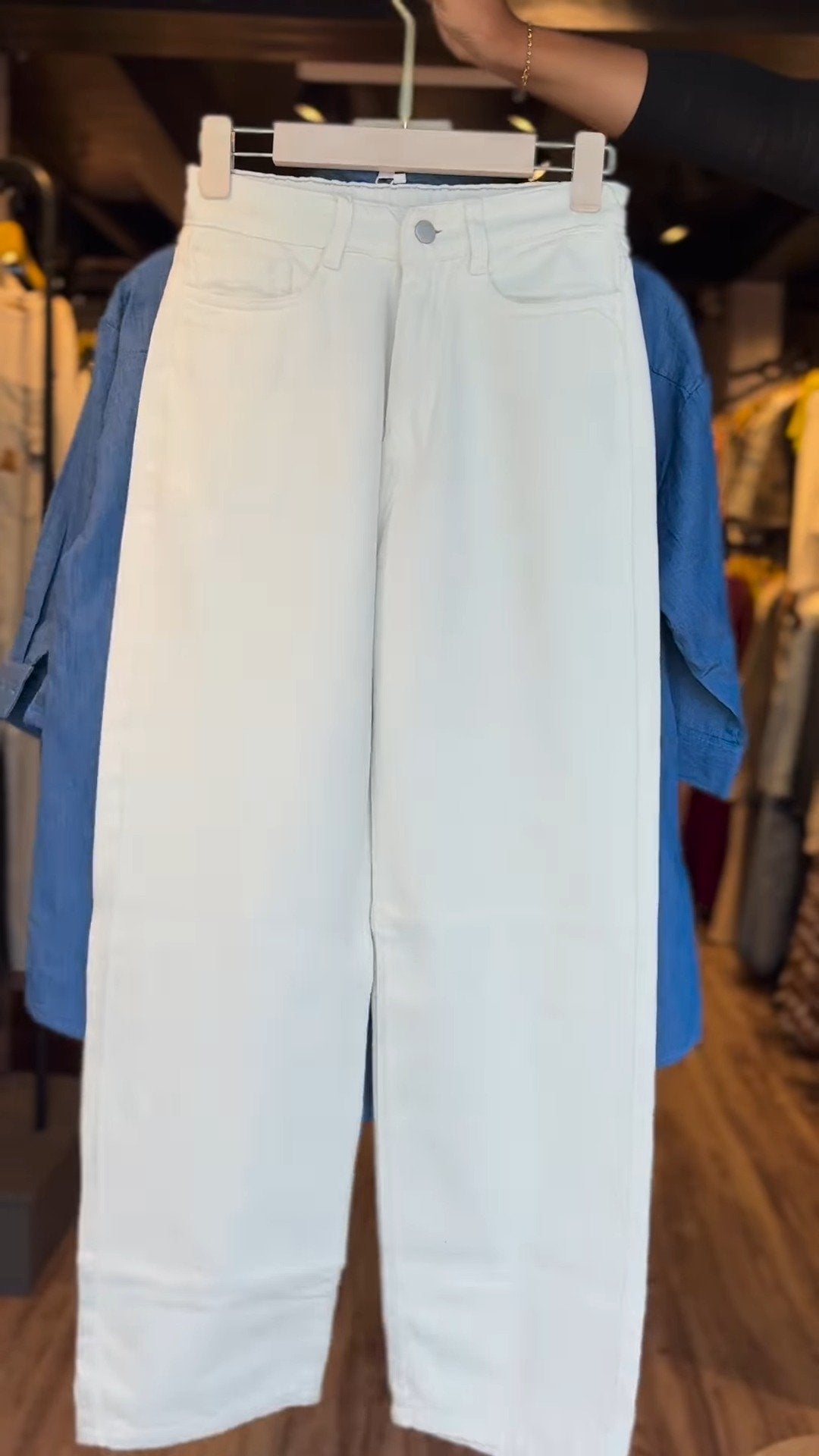 Contemporary Denim Shirt with Intricate Angel Wing Sequins – Available in Blue Shirt & White Trousers
