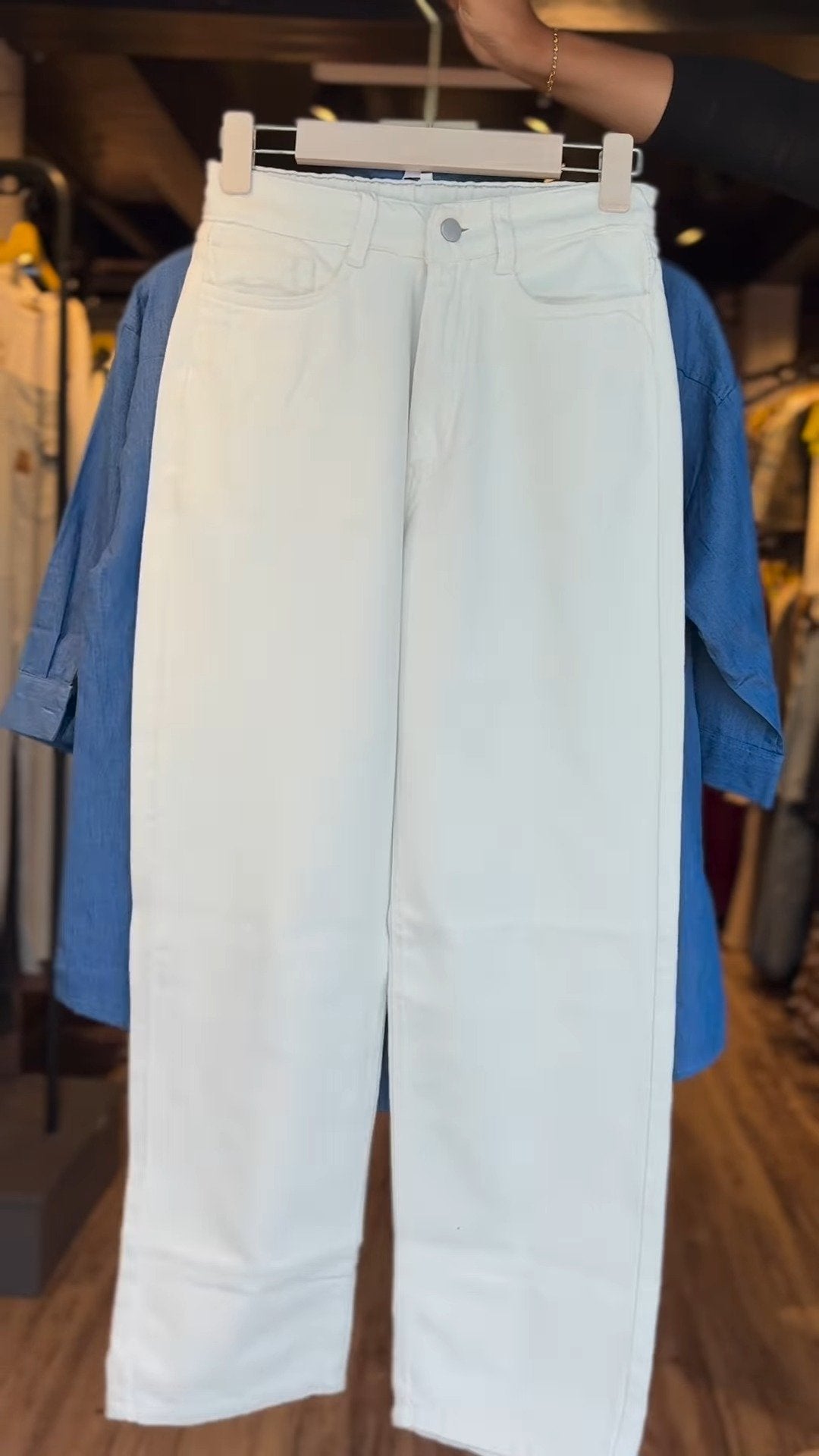 Contemporary Denim Shirt with Intricate Angel Wing Sequins – Available in Blue Shirt & White Trousers