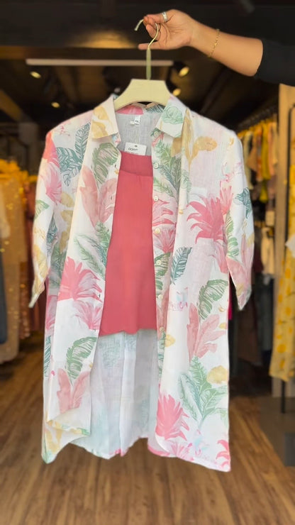 Tropical Botanical Linen Co-ord Set with Inner Tank – Available in Charcoal Grey & Dusty Rose