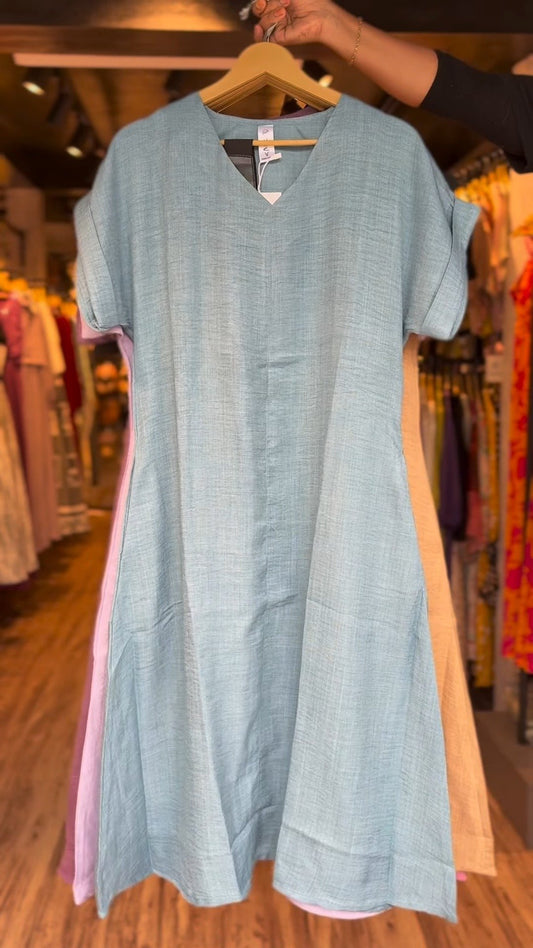 Minimalist A-Line Textured Cotton Kurta – Available in Aqua Blue, Pastel Lilac, Warm Sand, Dusky Rose & Charcoal Grey