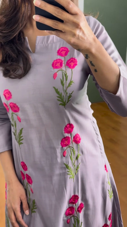Poppy Motif Embroidered Kurta Set – Available in Lavender & Sage Green