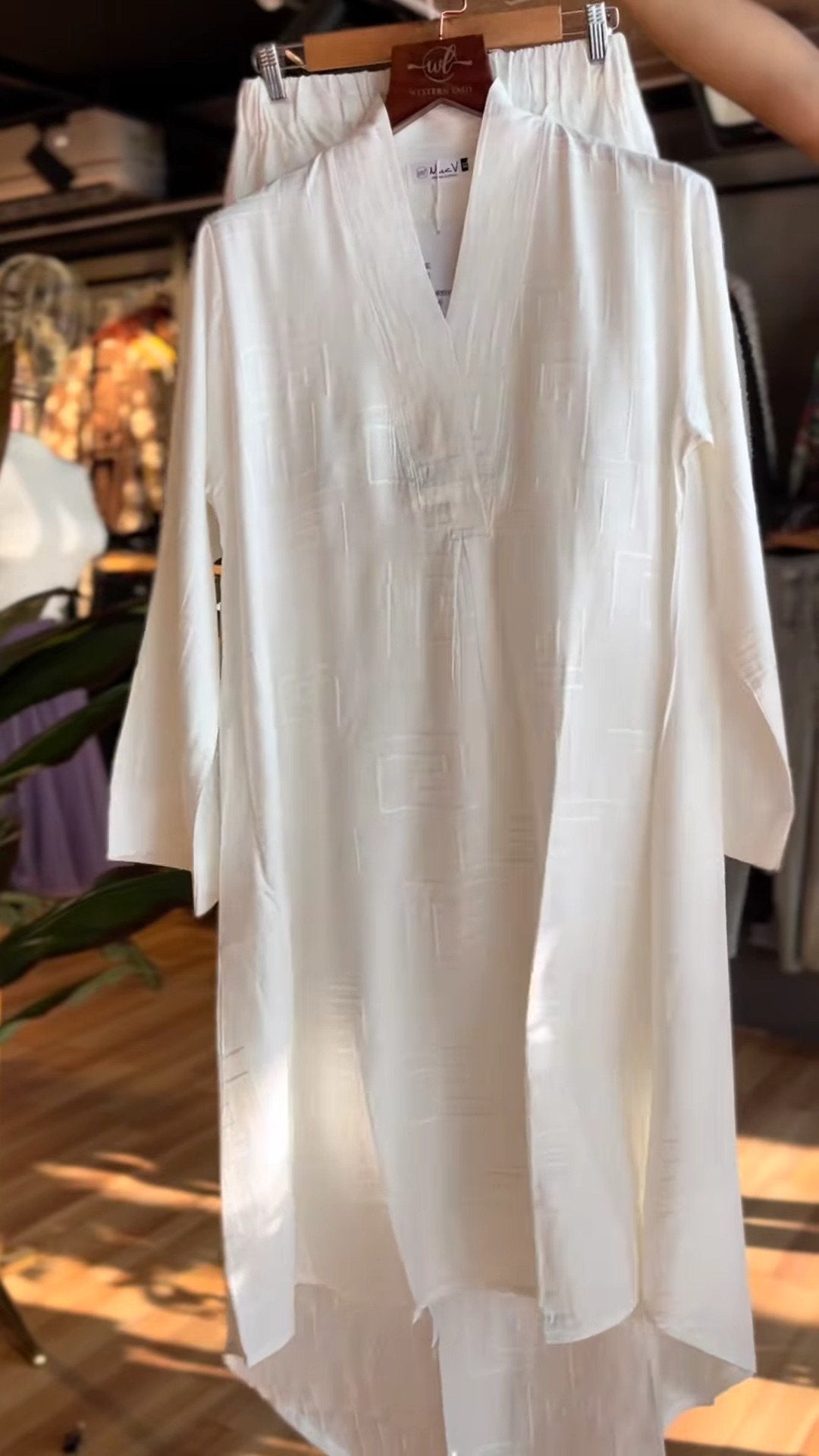 Minimalist Ivory Geometric Jacquard Kurta Set with Tie-Up Trousers