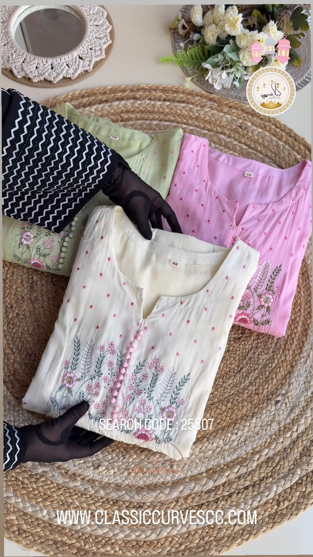 Floral Embroidered Pleated Kurta Set with Scalloped Dupatta – Available in Cream & Pastel Pink