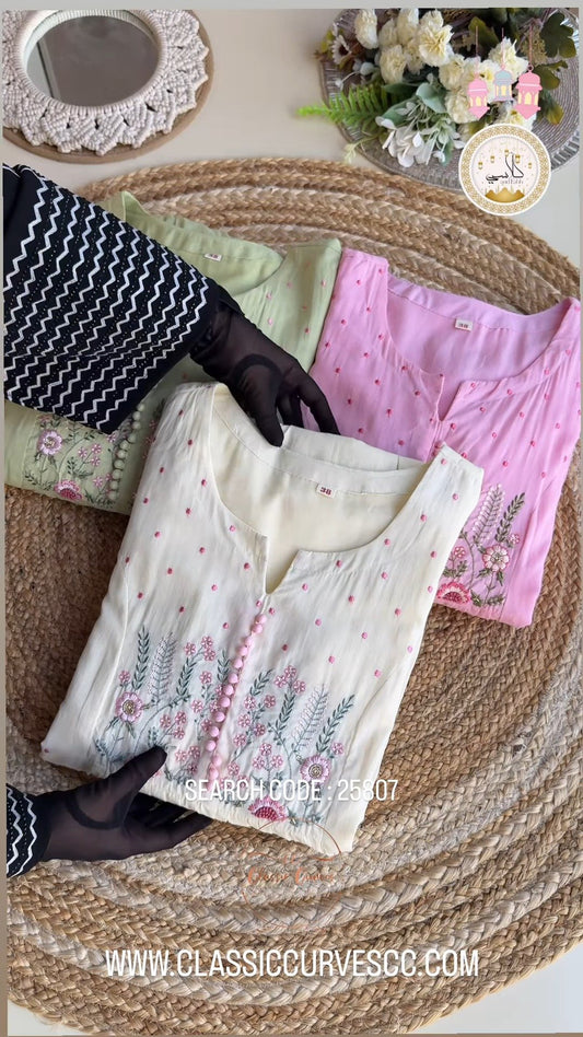 Floral Embroidered Pleated Kurta Set with Scalloped Dupatta – Available in Cream & Pastel Pink