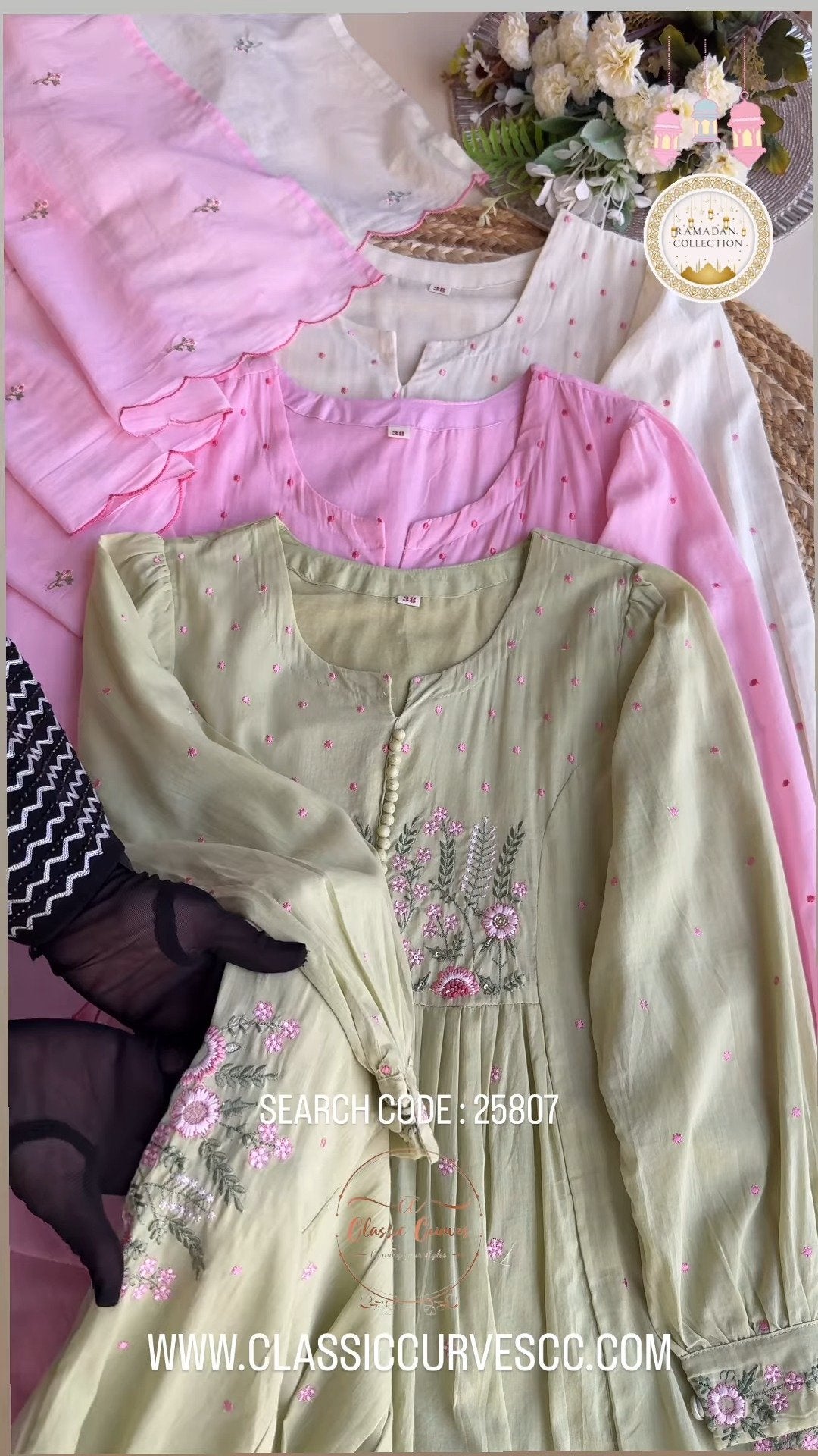 Floral Embroidered Pleated Kurta Set with Scalloped Dupatta – Available in Cream & Pastel Pink