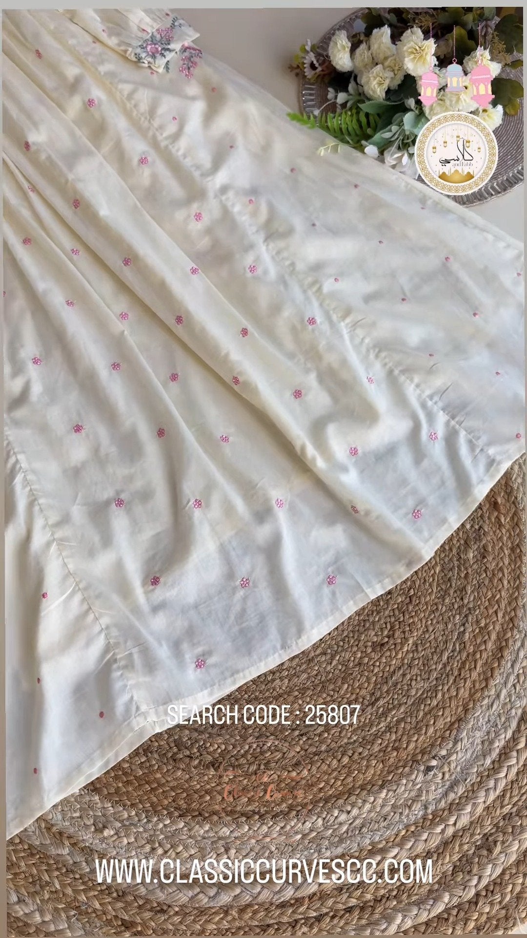 Floral Embroidered Pleated Kurta Set with Scalloped Dupatta – Available in Cream & Pastel Pink
