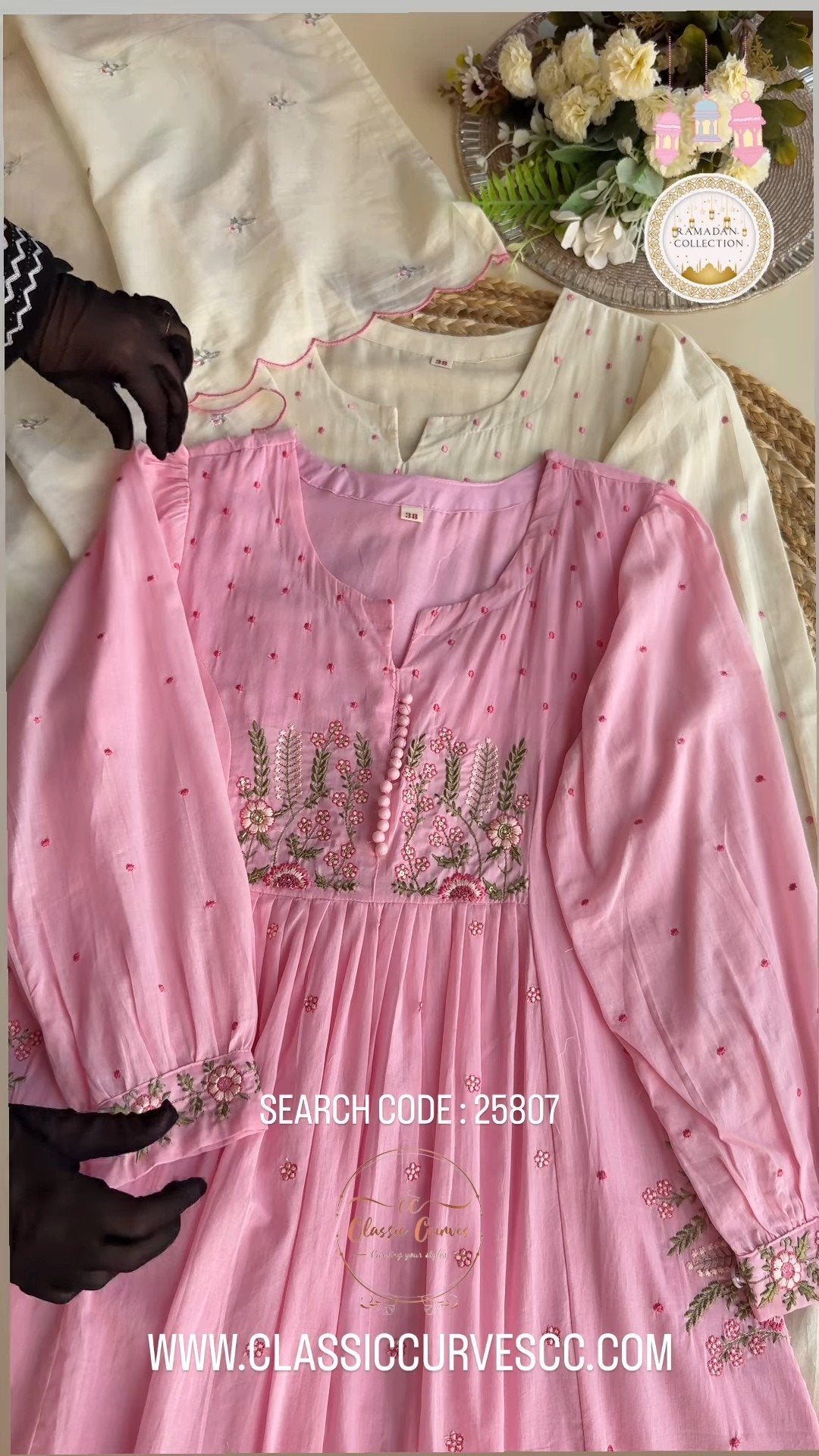 Floral Embroidered Pleated Kurta Set with Scalloped Dupatta – Available in Cream & Pastel Pink