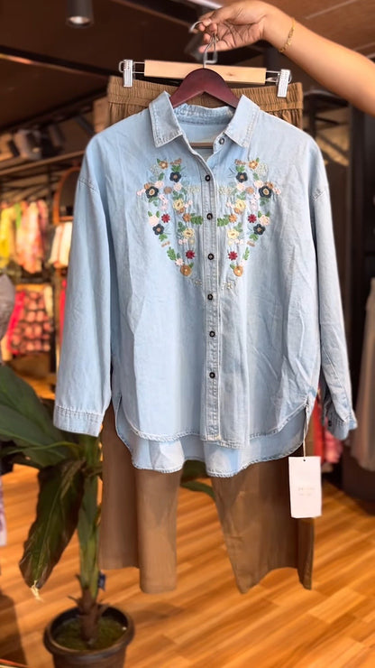 Floral Embroidered Denim Co-ord Set with Utility Pants
