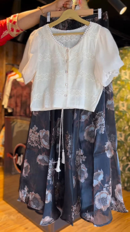Ethereal Ivory Eyelet Top and Floral Organza Skirt Co-ord Set