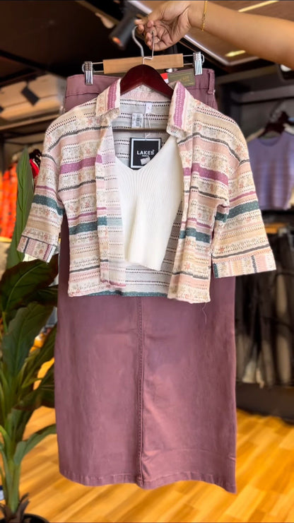 Bohemian Chic Textured Stripe Co-ord Set with Matching Skirt – A Sophisticated Three-Piece Ensemble