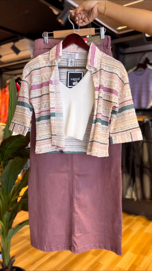 Bohemian Chic Textured Stripe Co-ord Set with Matching Skirt – A Sophisticated Three-Piece Ensemble