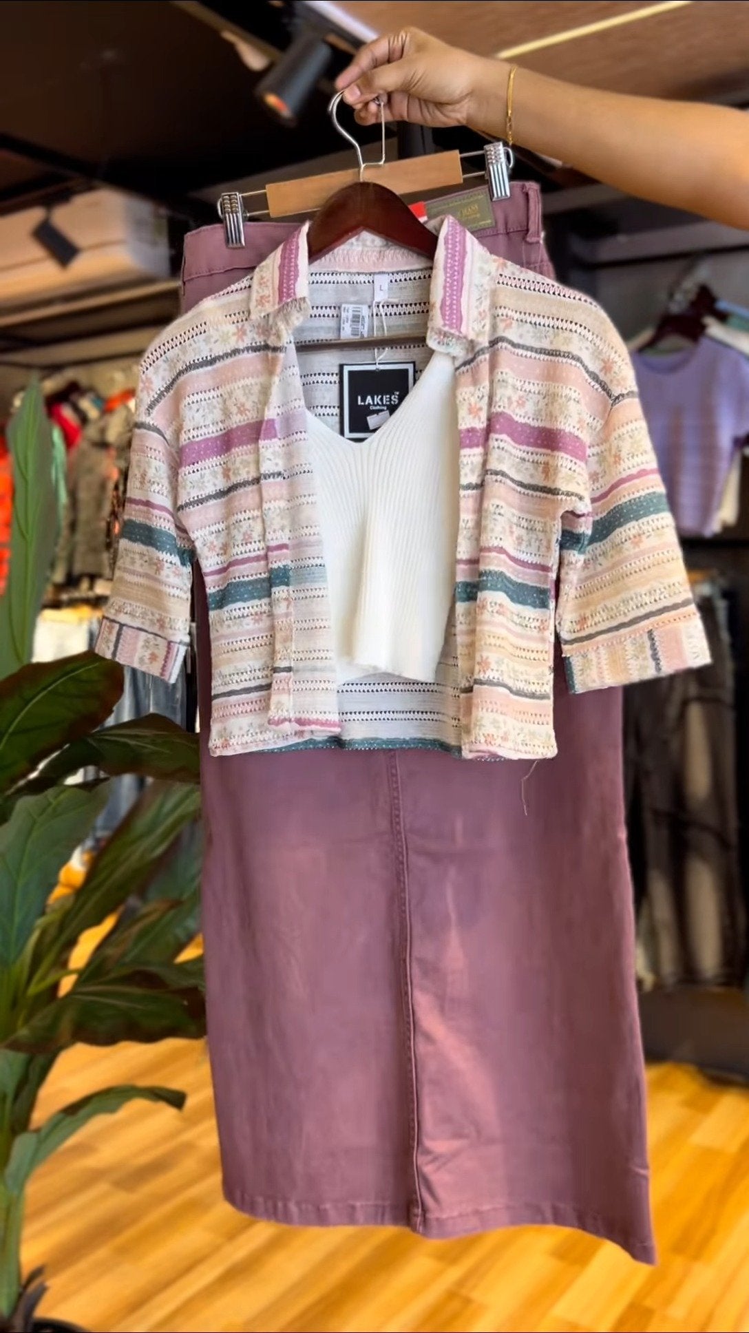 Bohemian Chic Textured Stripe Co-ord Set with Matching Skirt – A Sophisticated Three-Piece Ensemble