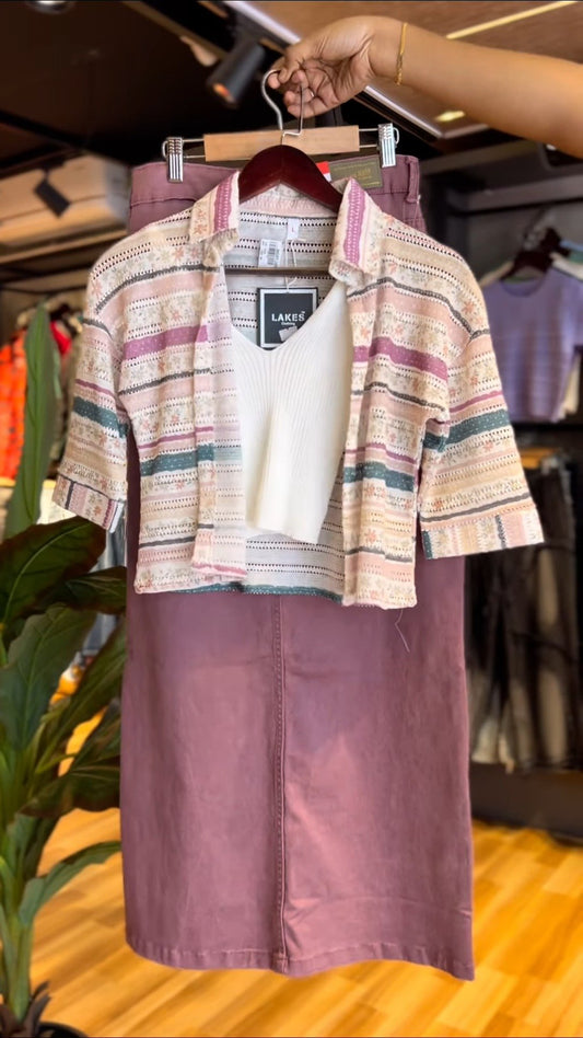 Bohemian Chic Textured Stripe Co-ord Set with Matching Skirt – A Sophisticated Three-Piece Ensemble