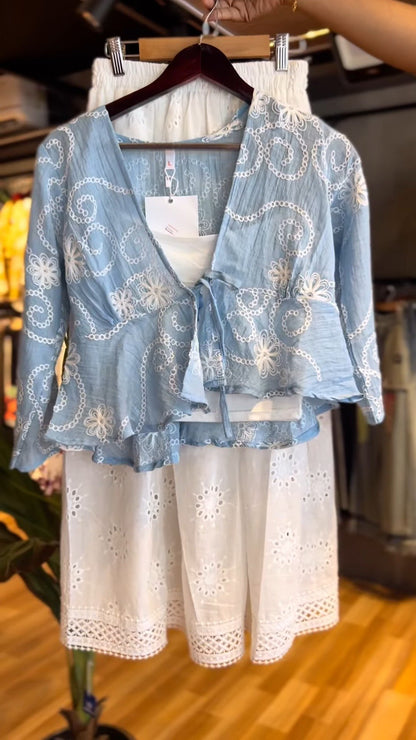 Ethereal Embroidered Chikankari-Inspired Co-ord Set with Tiered Skirt – Available in Celestial Blue & Pristine White