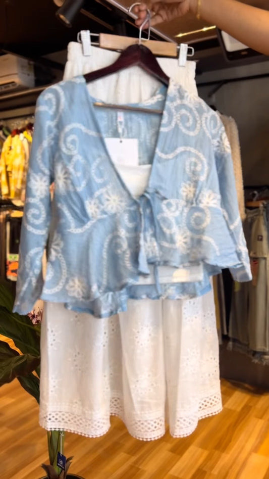 Ethereal Embroidered Chikankari-Inspired Co-ord Set with Tiered Skirt – Available in Celestial Blue & Pristine White