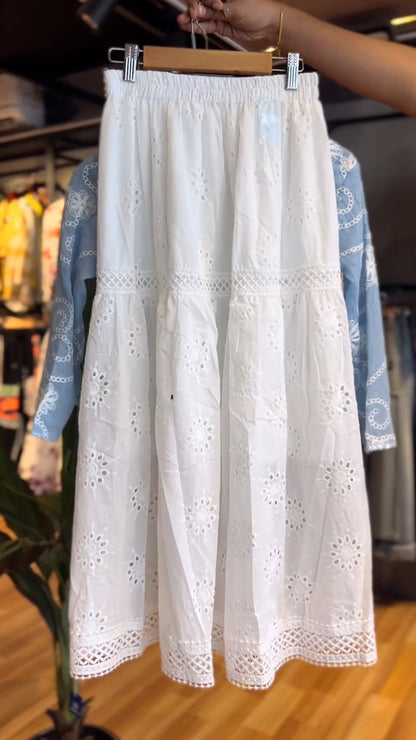 Ethereal Embroidered Chikankari-Inspired Co-ord Set with Tiered Skirt – Available in Celestial Blue & Pristine White