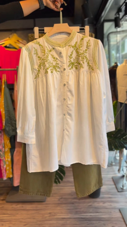 Olive Cargo Trouser & Embroidered White Tunic Co-Ord Set