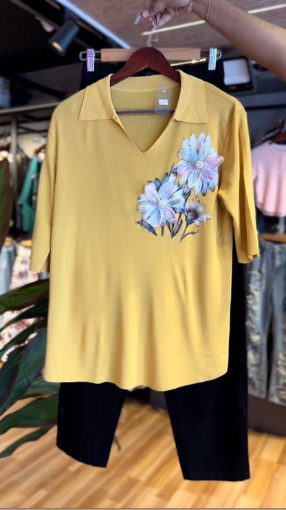 Sunshine Floral Ribbed Co-ord Set with Comfort-Fit Trousers