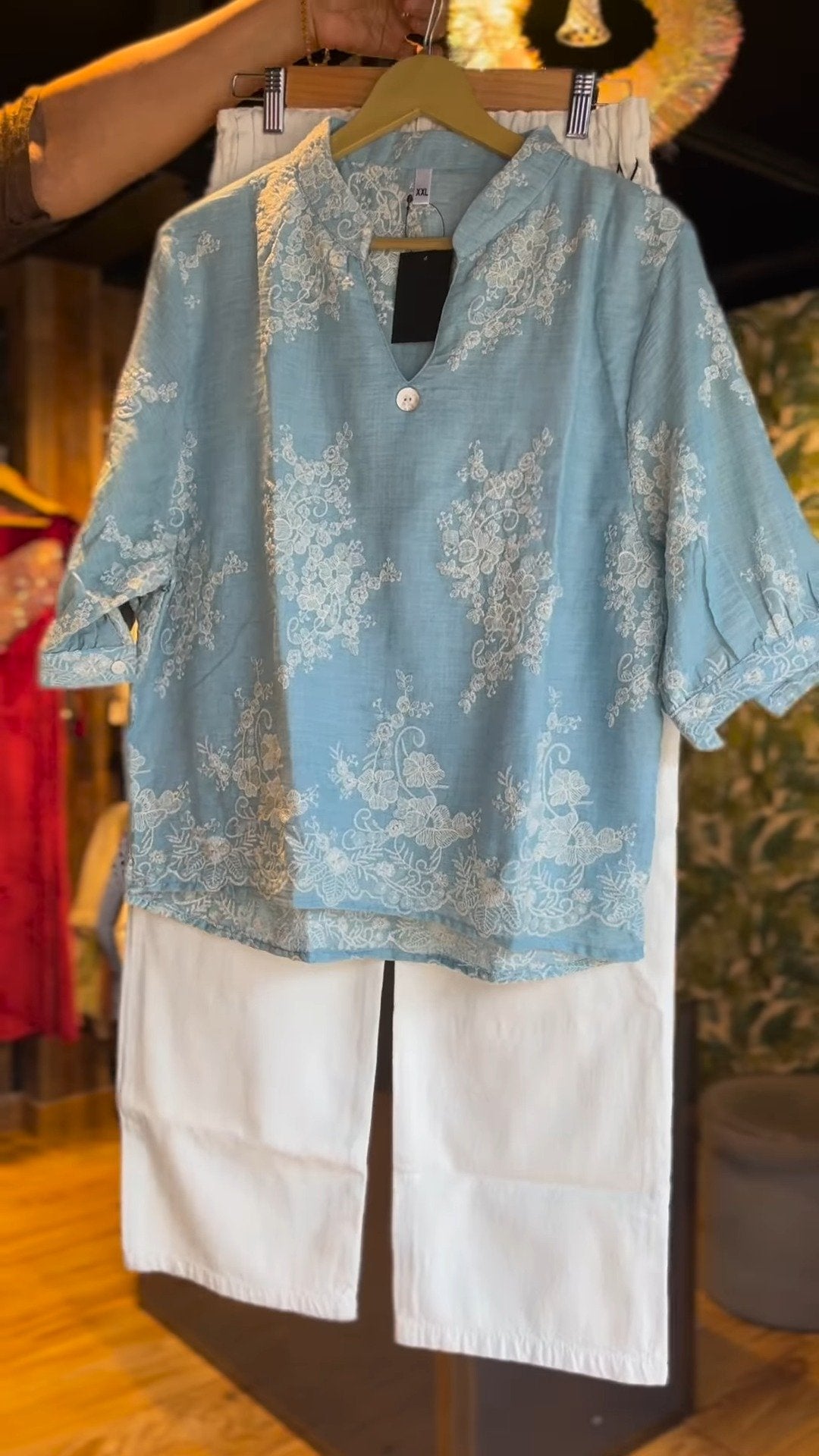 Pastel Blue Embroidered Kurti & White Trouser Co-ord Set