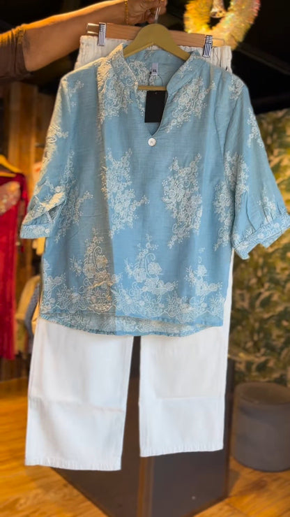 Pastel Blue Embroidered Kurti & White Trouser Co-ord Set