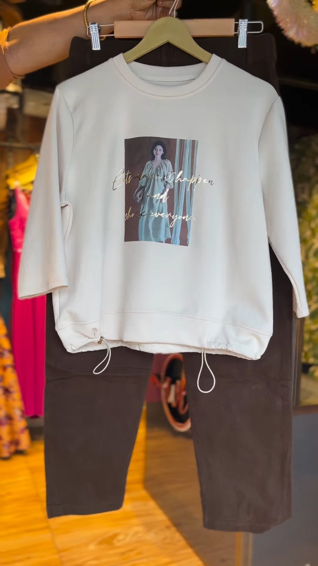 Casual Chic Graphic Sweatshirt & Trousers Co-ord Set – Available in Cream & Chocolate Brown