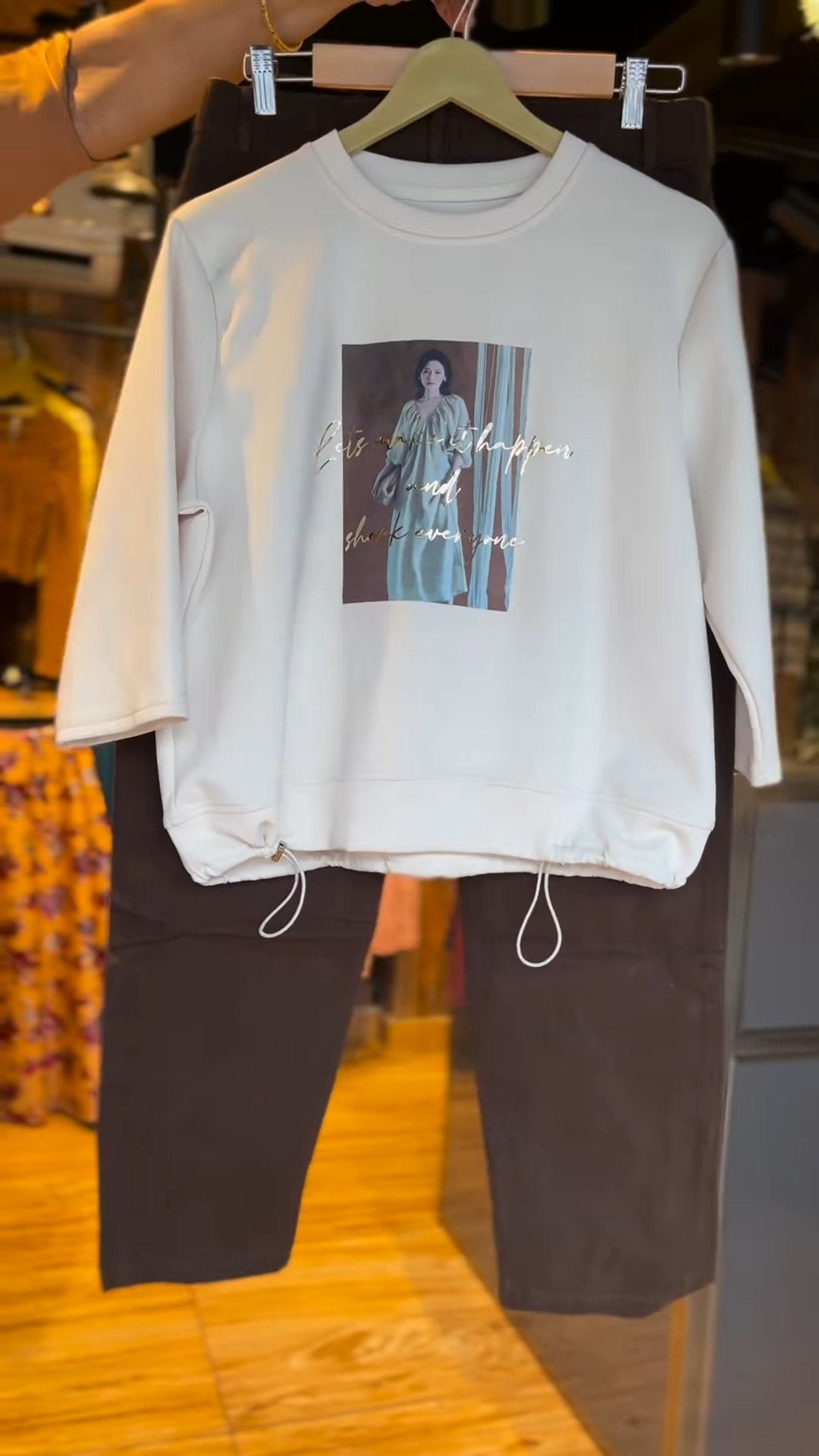 Casual Chic Graphic Sweatshirt & Trousers Co-ord Set – Available in Cream & Chocolate Brown