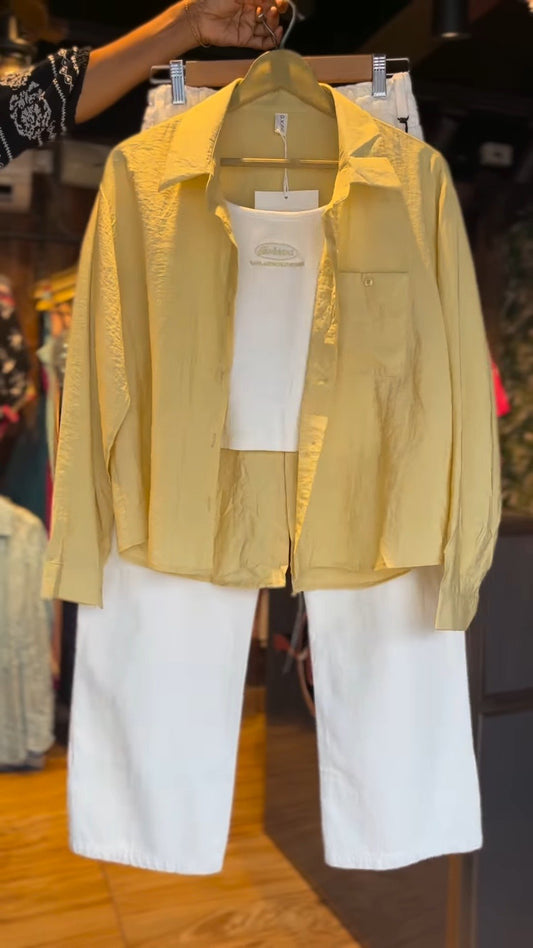 Sunshine Chic Co-ord Set: Textured Mustard Shirt & White Trousers