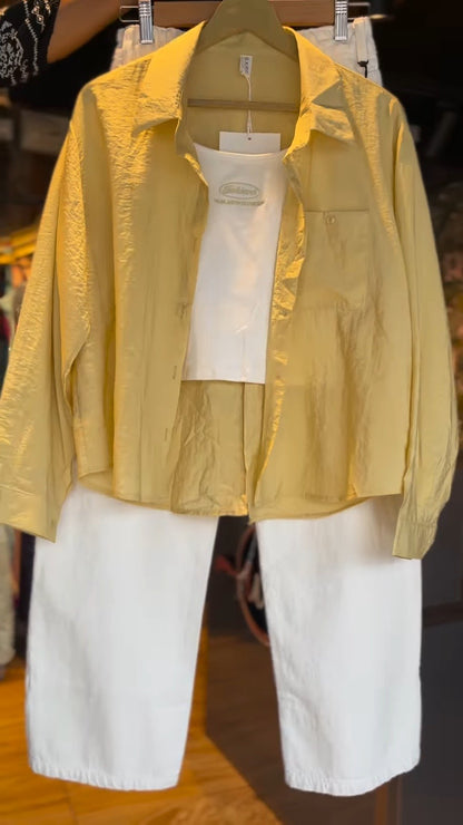 Sunshine Chic Co-ord Set: Textured Mustard Shirt & White Trousers