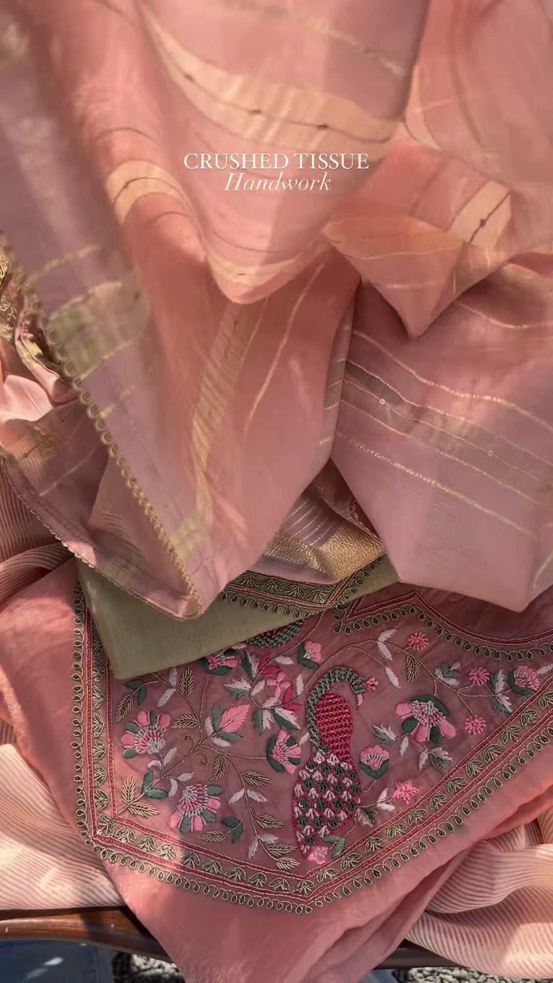 Peacock Embroidered Crushed Tissue Kurta Set – Available in Sage Green & Blush Pink