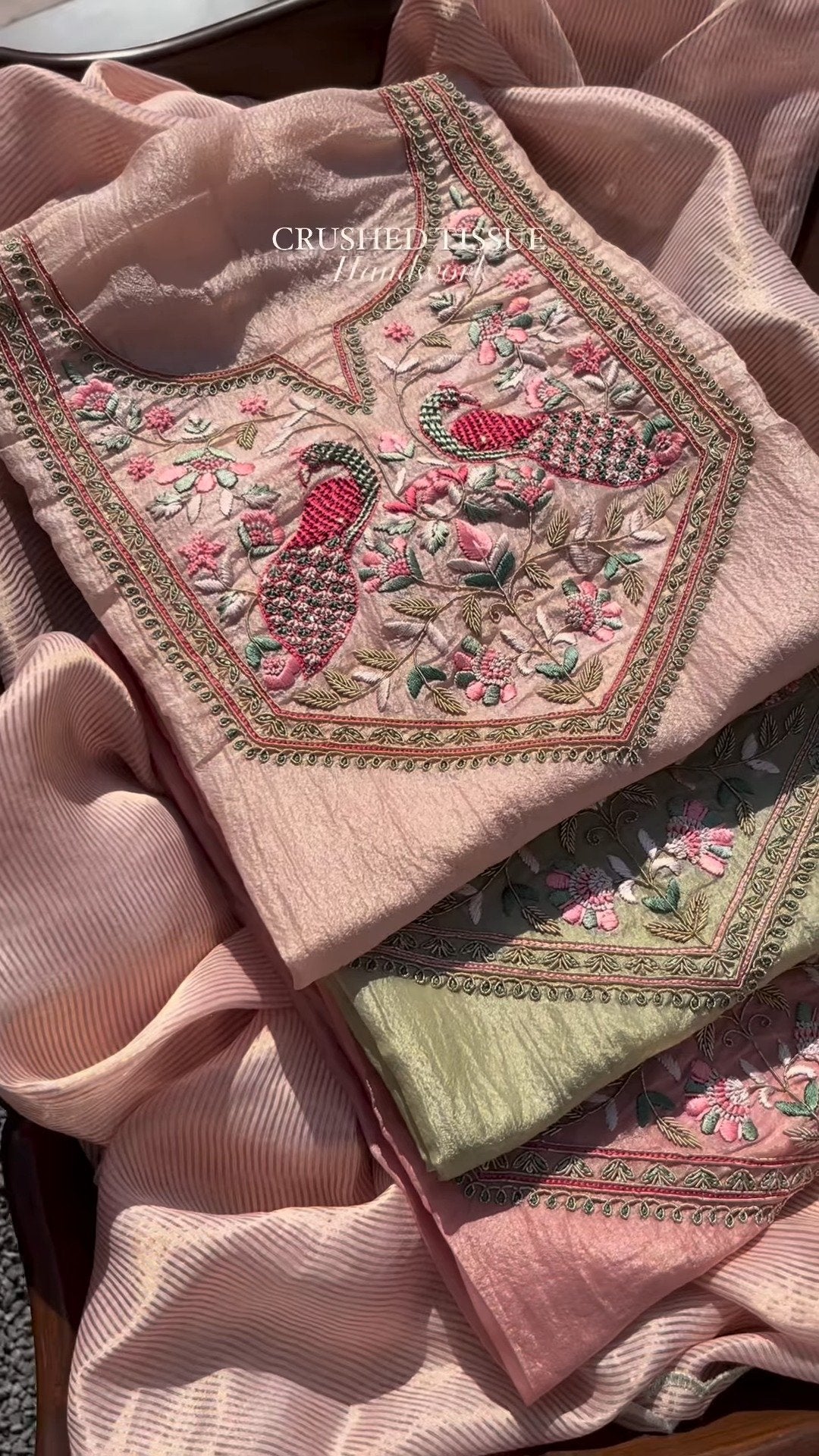 Peacock Embroidered Crushed Tissue Kurta Set – Available in Sage Green & Blush Pink