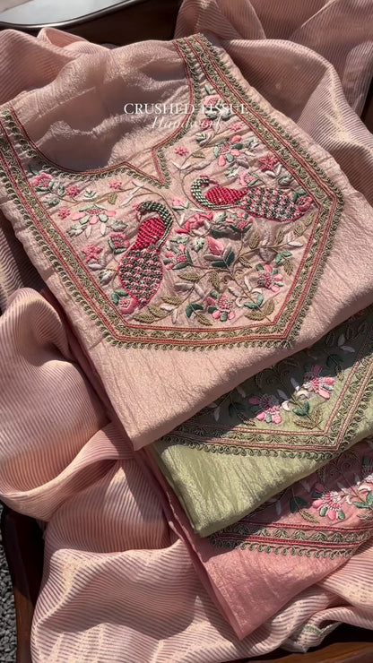 Peacock Embroidered Crushed Tissue Kurta Set – Available in Sage Green & Blush Pink