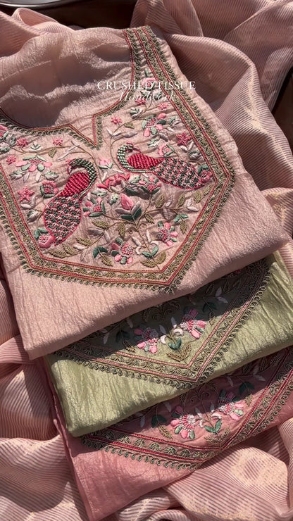 Peacock Embroidered Crushed Tissue Kurta Set – Available in Sage Green & Blush Pink