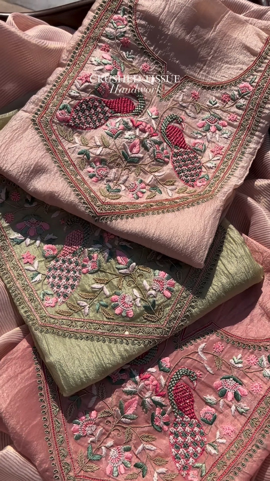 Peacock Embroidered Crushed Tissue Kurta Set – Available in Sage Green & Blush Pink