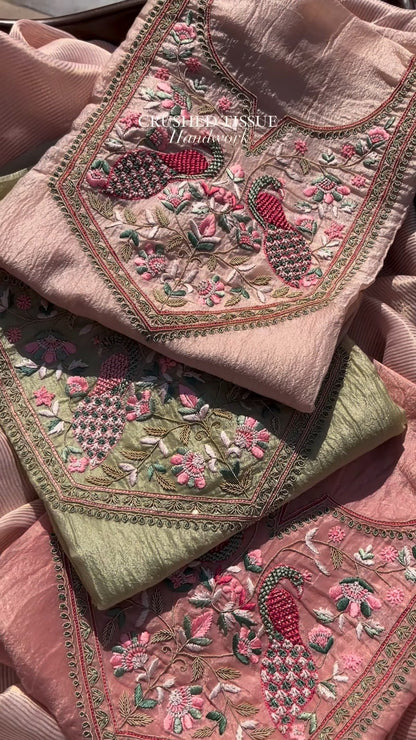 Peacock Embroidered Crushed Tissue Kurta Set – Available in Sage Green & Blush Pink