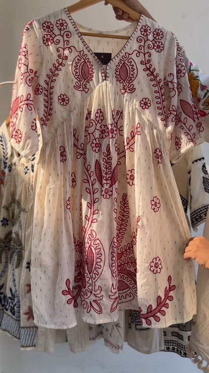 Bohemian Embroidered Tiered Cotton Kurta – Available in Crimson Red & Midnight Black
