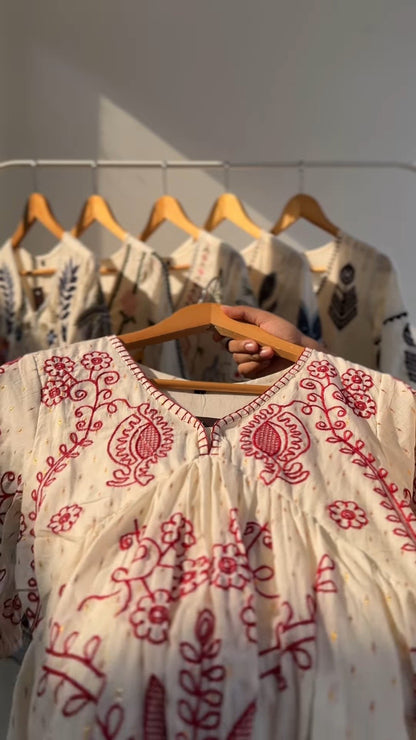 Bohemian Embroidered Tiered Cotton Kurta – Available in Crimson Red & Midnight Black