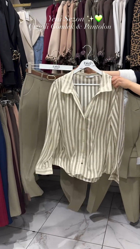 Classic Striped Shirt & Tailored Trouser Set – Available in Beige, Chocolate & Wine