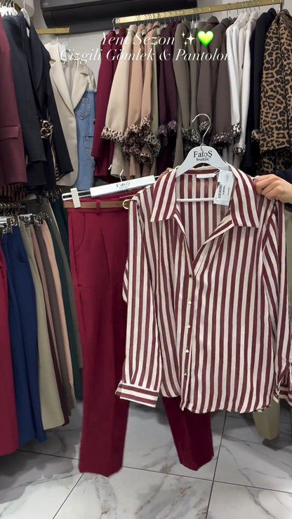 Classic Striped Shirt & Tailored Trouser Set – Available in Beige, Chocolate & Wine